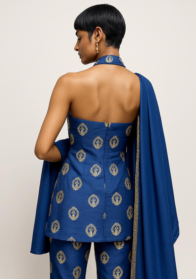 Blue Embroidered Silk Sharara Set - Indya
