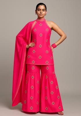 Pink Embroidered Silk Sharara Set