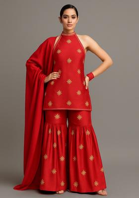 Red Embroidered Oragnza Sharara Set