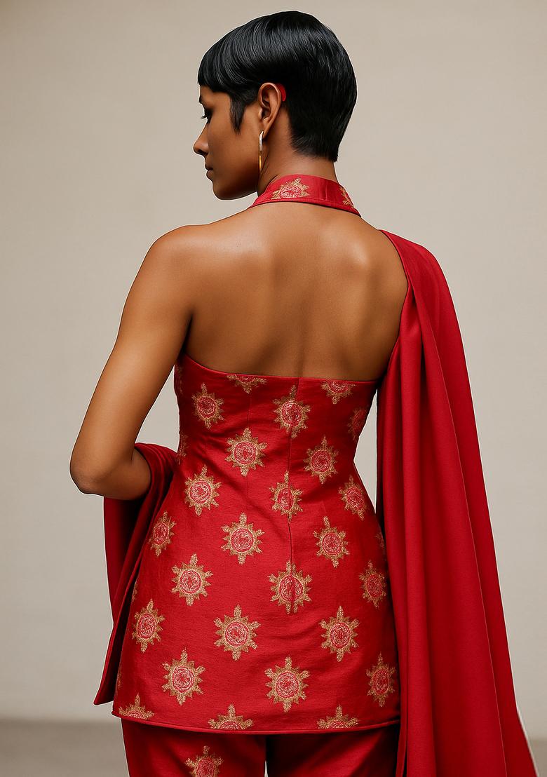 Red Embroidered Oragnza Sharara Set - Indya