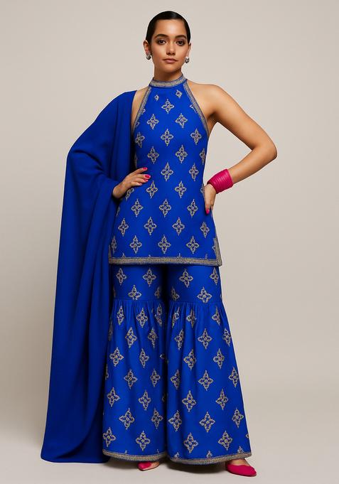 Blue Chikankari Chanderi Sharara Set