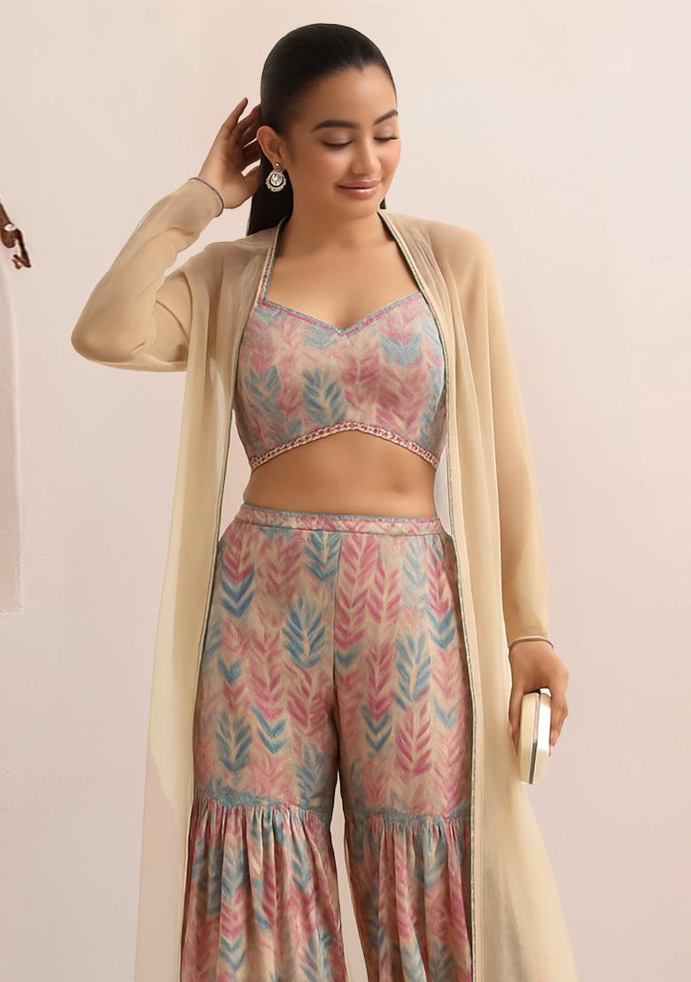 Pink Printed Organza Fusion Set - Indya