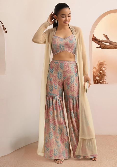 Pink Printed Organza Fusion Set