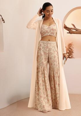 Beige Printed Organza Fusion Set