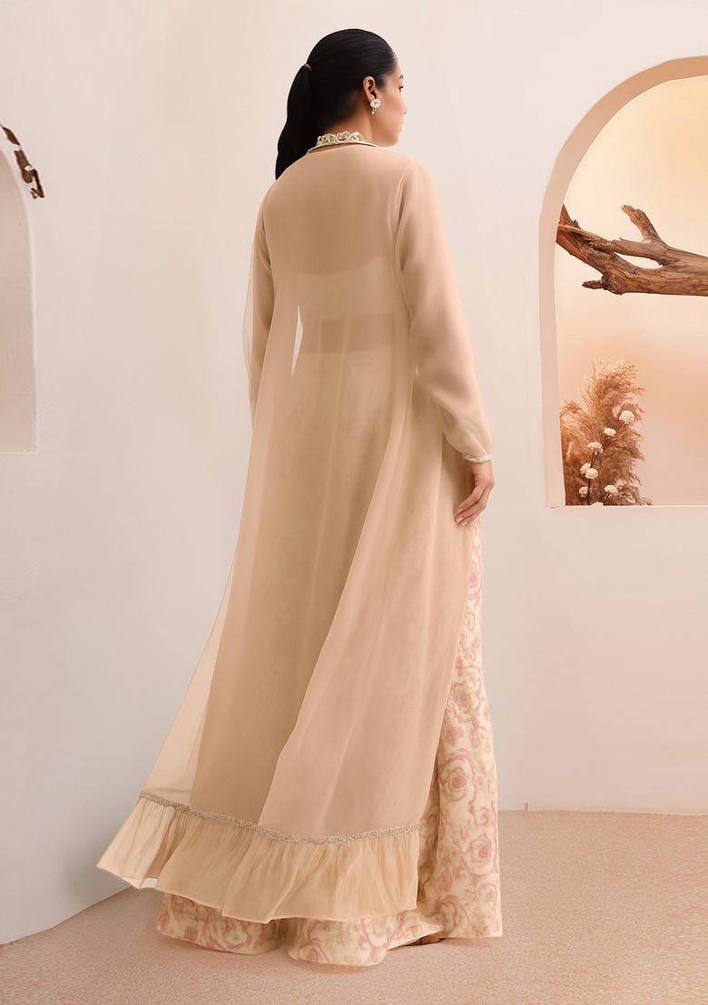 Beige Printed Organza Fusion Set - Indya