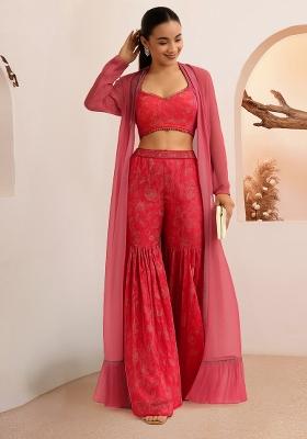 Pink Printed Organza Fusion Set