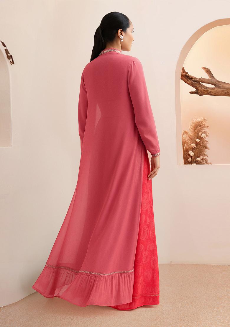 Red Printed Organza Fusion Set - Indya