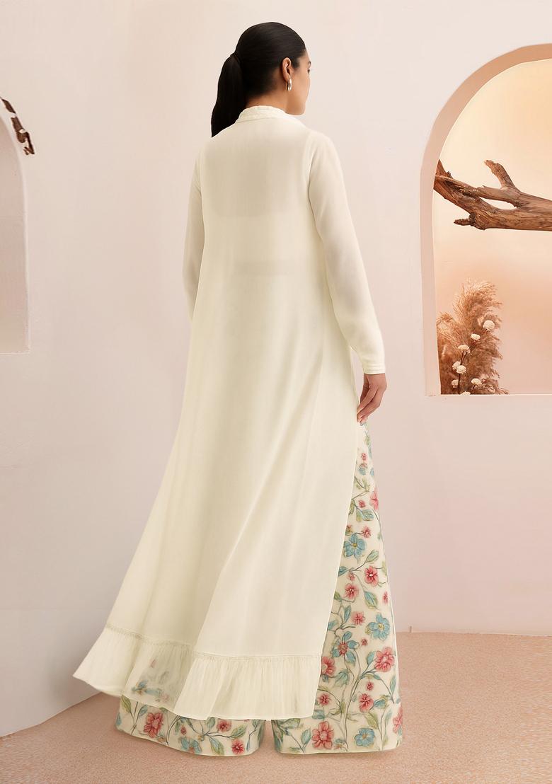 White Printed Organza Fusion Set - Indya