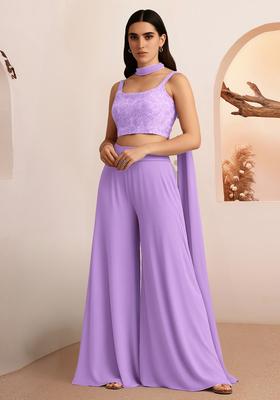 Purple Embroidered Blouse Georgette Fusion Set