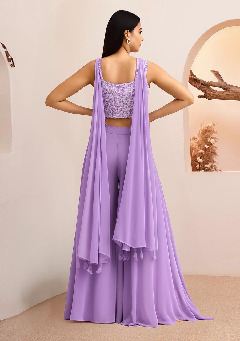 Purple Embroidered Blouse Georgette Fusion Set - Indya