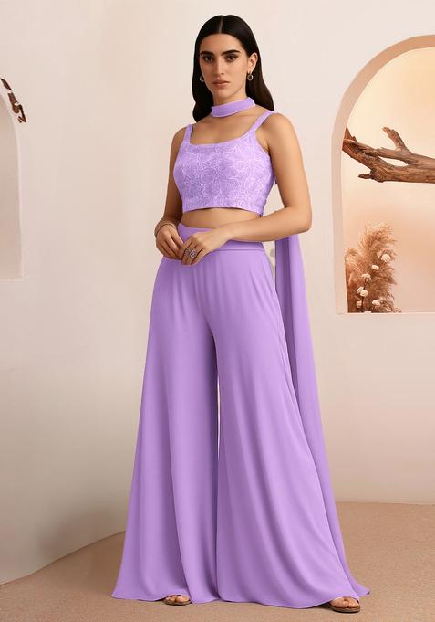 Purple Embroidered Blouse Georgette Fusion Set