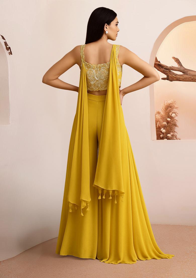 Yellow Embroidered Blouse Georgette Fusion Set - Indya