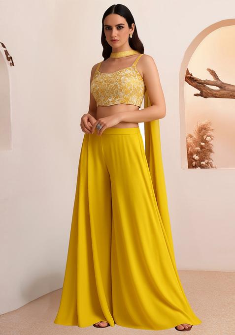 Yellow Embroidered Blouse Georgette Fusion Set