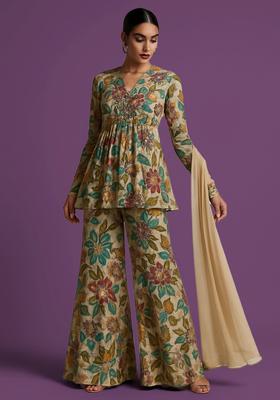 Cream Embroidered Organza Sharara Set