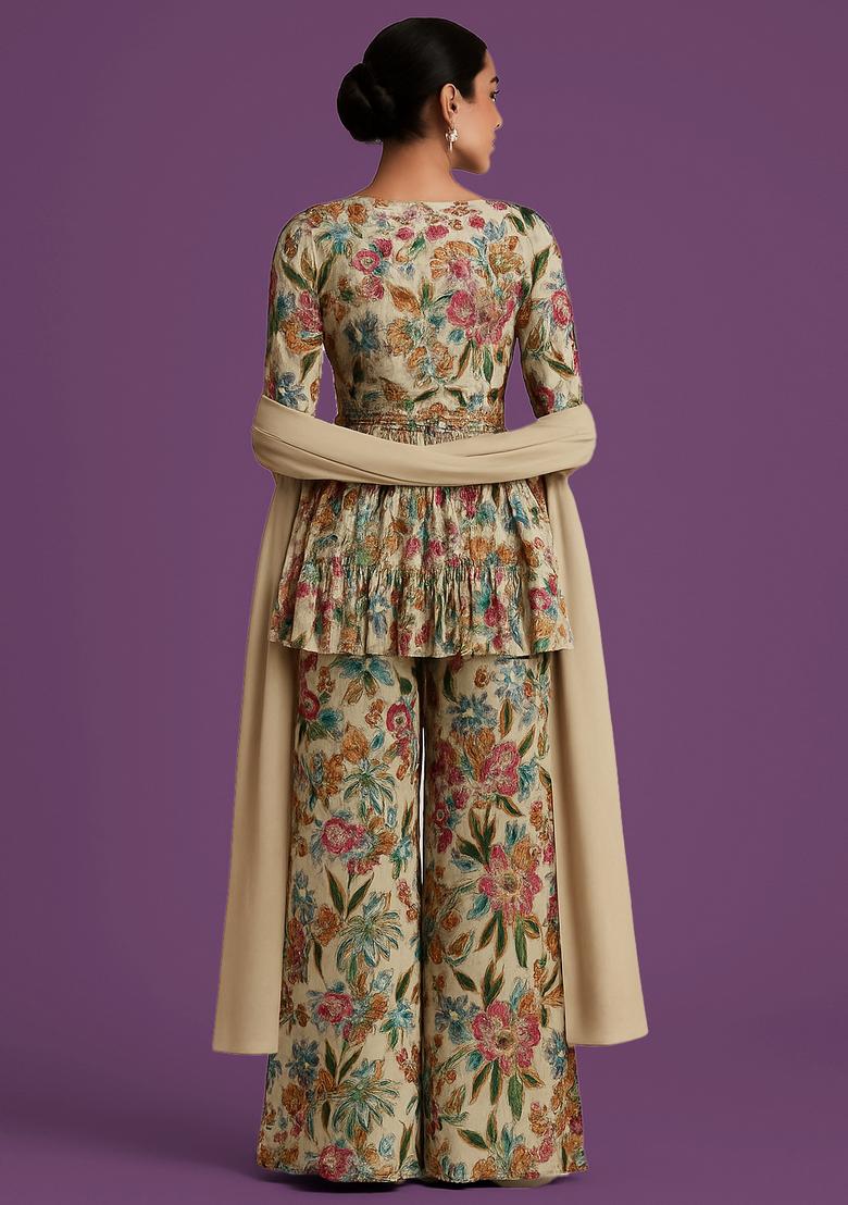 Cream Embroidered Organza Sharara Set - Indya