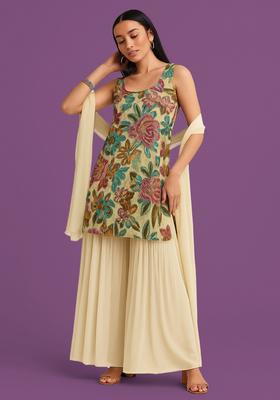 Cream Embroidered Organza Sharara Set