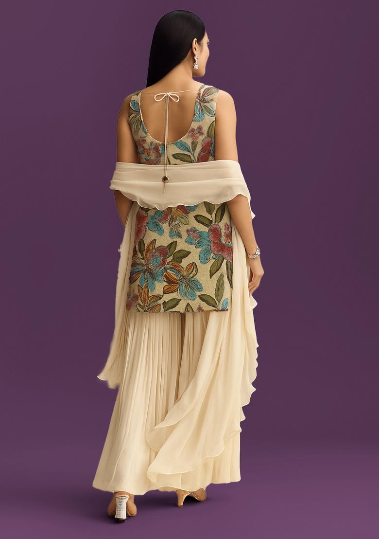 Cream Embroidered Organza Sharara Set - Indya