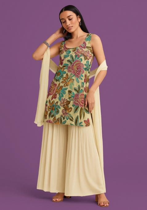 Cream Embroidered Organza Sharara Set