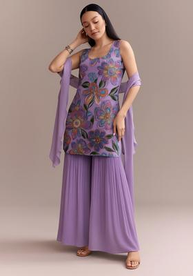 Purple Embroidered Organza Sharara Set