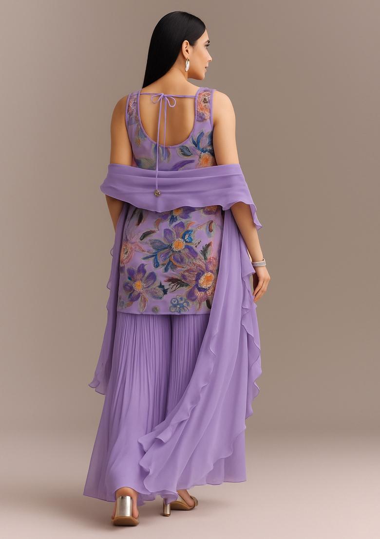 Purple Embroidered Organza Sharara Set - Indya