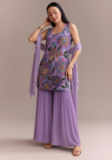Purple Embroidered Organza Sharara Set