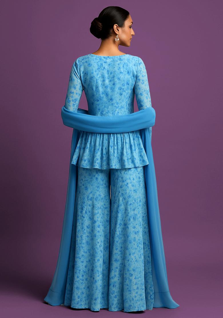 Sky Blue Printed Chiffon Sharara Set - Indya