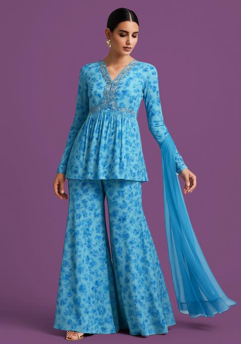 Sky Blue Printed Chiffon Sharara Set