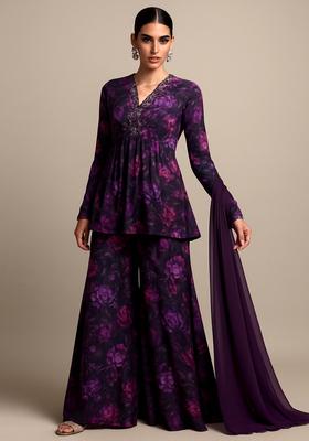 Purple Printed Chiffon Sharara Set