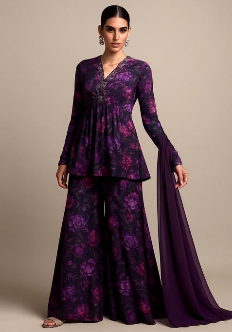 Purple Printed Chiffon Sharara Set