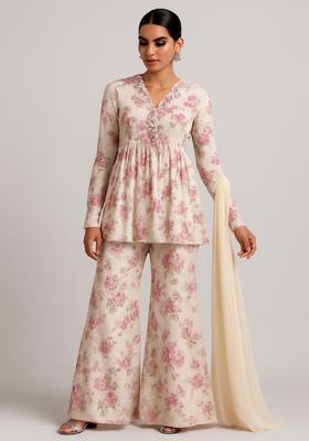 White And Pink Printed Chiffon Sharara Set