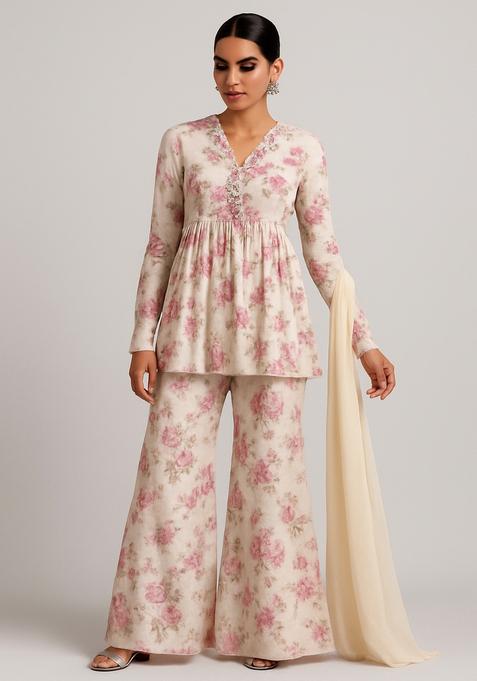 White And Pink Printed Chiffon Sharara Set