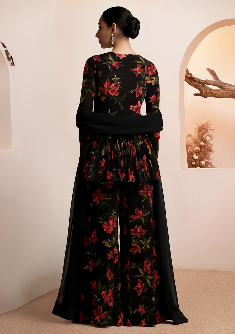 Black And Red Printed Chiffon Sharara Set - Indya