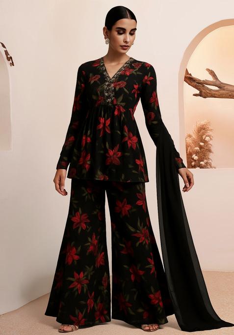 Black And Red Printed Chiffon Sharara Set