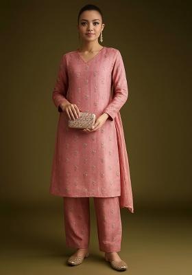 Peach Embroidered Tissue Kurta Set