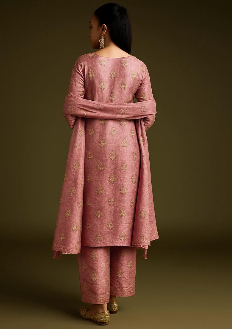 Peach Embroidered Tissue Kurta Set - Indya