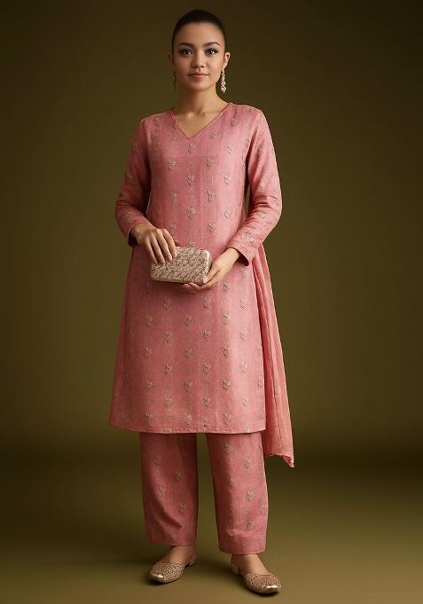 Peach Embroidered Tissue Kurta Set