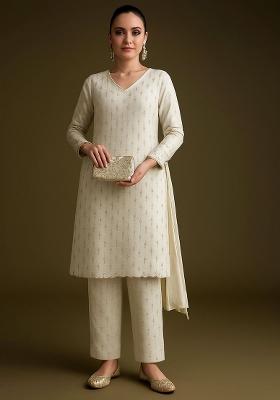Off White Embroidered Tissue Kurta Set