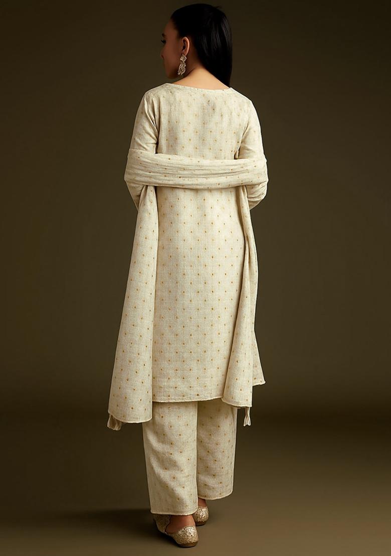 Off White Embroidered Tissue Kurta Set - Indya