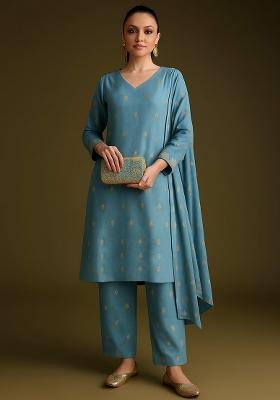 Sky Blue Embroidered Tissue Kurta Set