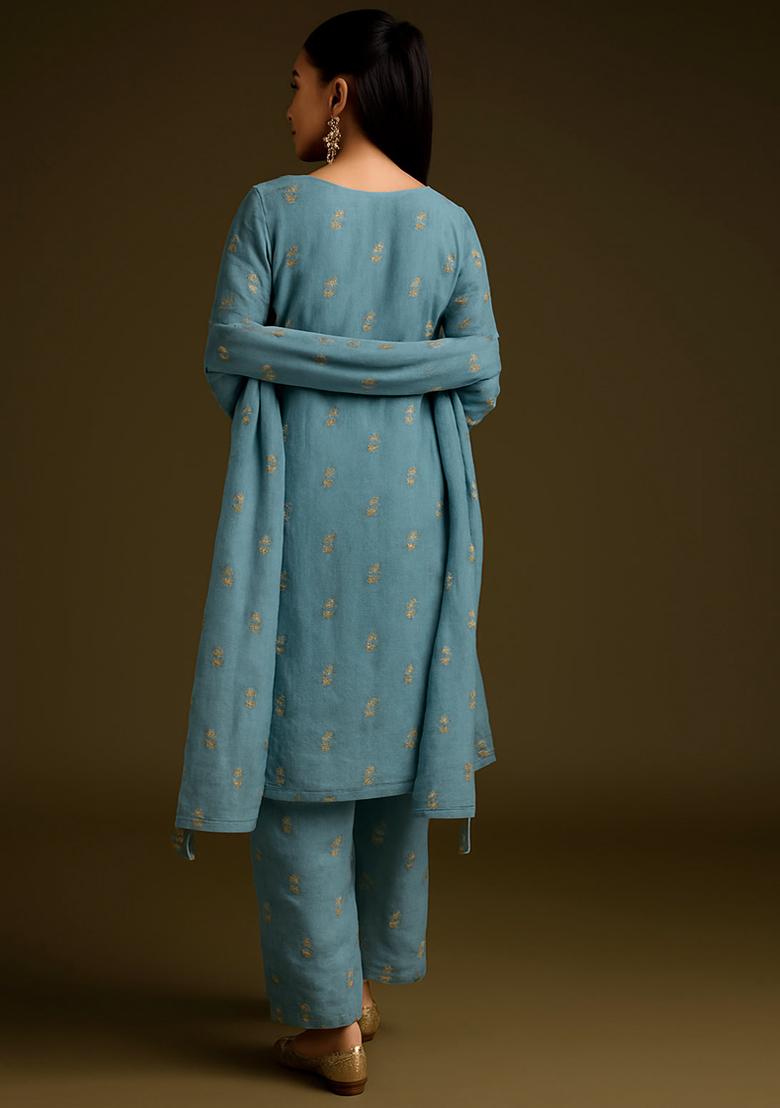 Sky Blue Embroidered Tissue Kurta Set - Indya