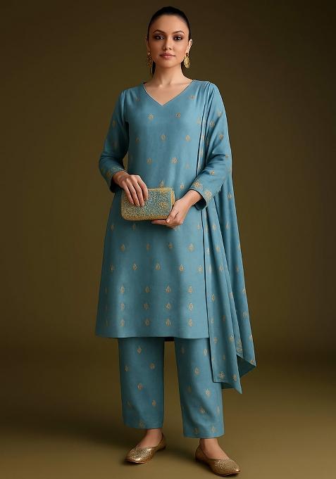 Sky Blue Embroidered Tissue Kurta Set