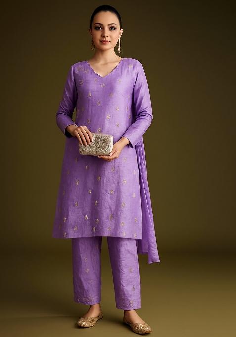 Lavender Embroidered Tissue Kurta Set