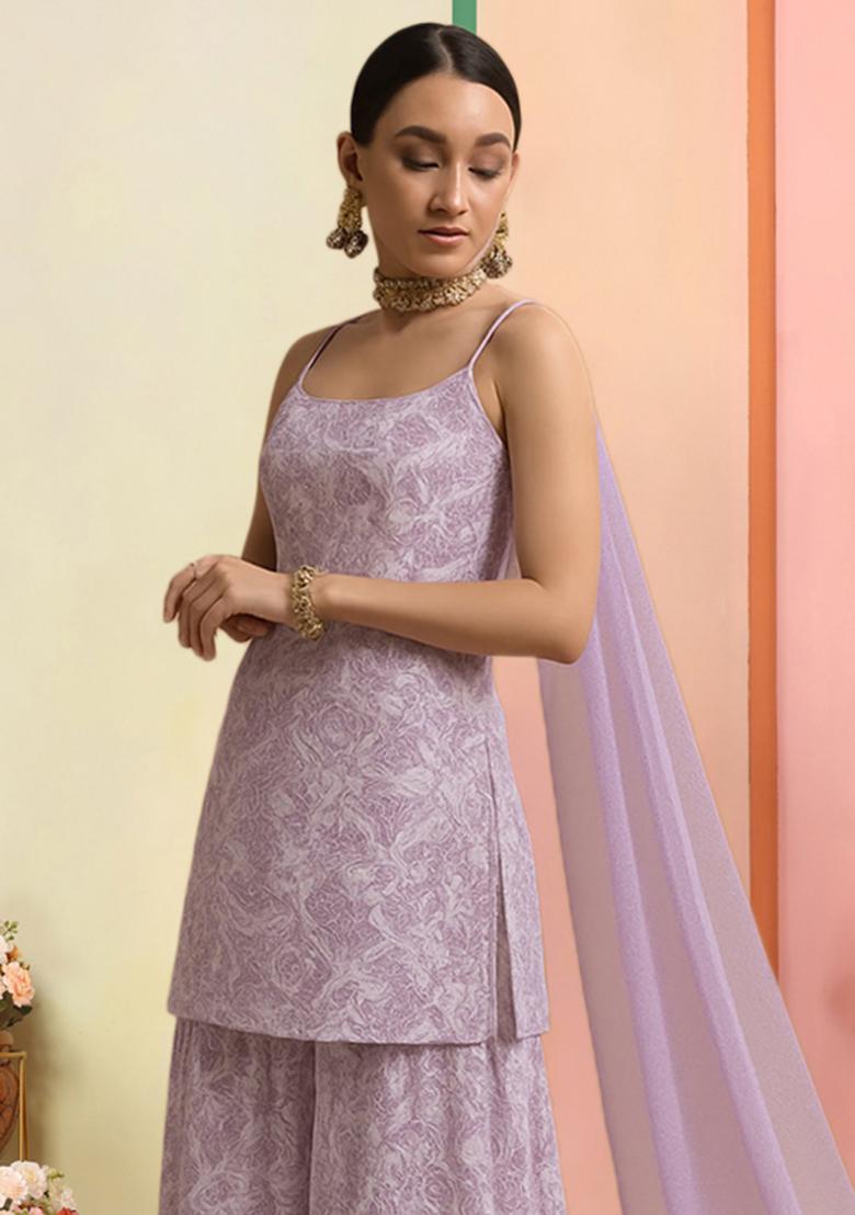 White And Pink Embroidered Georgette Sharara Set - Indya