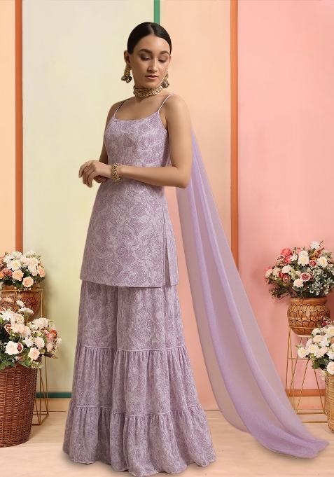 White And Pink Embroidered Georgette Sharara Set