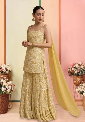 White And Yellow Embroidered Georgette Sharara Set
