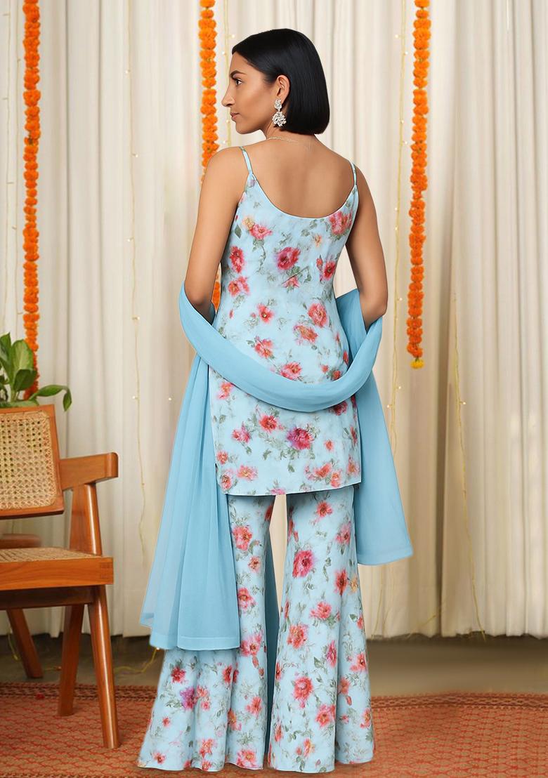Blue Floral Print Satin Fusion Set - Indya