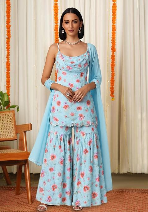 Blue Floral Print Satin Fusion Set