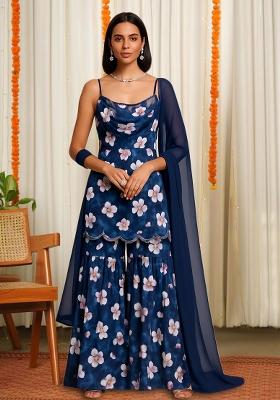 Dark Blue Floral Print Satin Fusion Set
