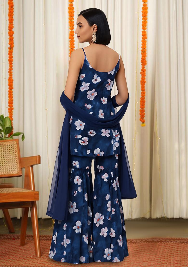 Dark Blue Floral Print Satin Fusion Set - Indya
