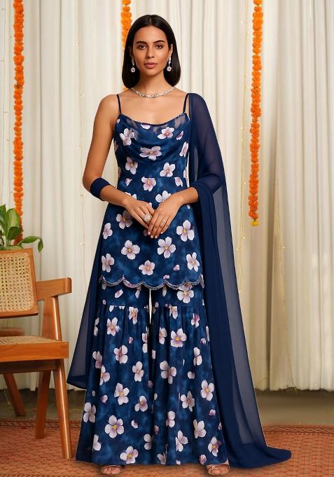Dark Blue Floral Print Satin Fusion Set